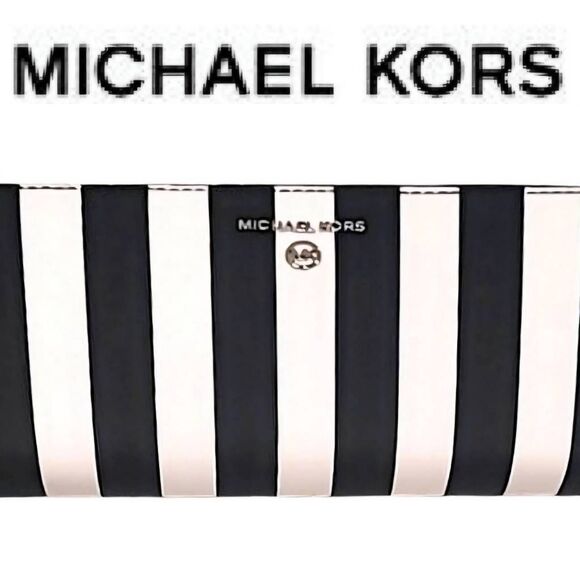 Michael Kors Jet Set Charm Continental Large Wallet- Black/White Stripe - Picture 1 of 16